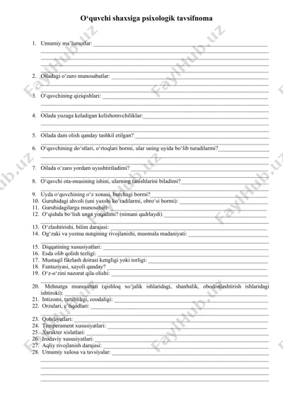o'quvchiga psixologik tavsifnoma — DOCX