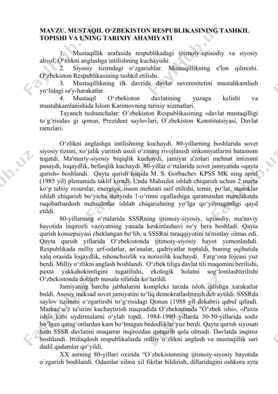 mustaqil o‘zbekiston respublikasining tashkil topishi va uning tarixiy ahamiyati — DOCX