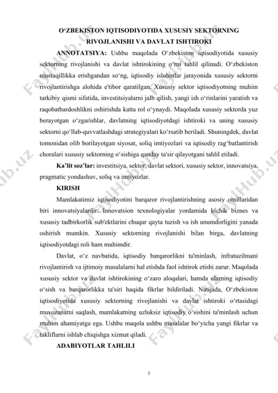 o‘zbekiston iqtisodiyotida xususiy sektorning rivojlanishi va davlat ishtiroki — DOCX