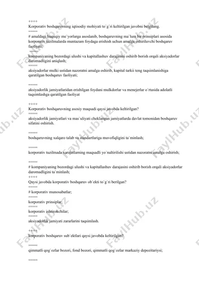 korporativ boshqaruv haqida test savollari to‘plami — DOCX