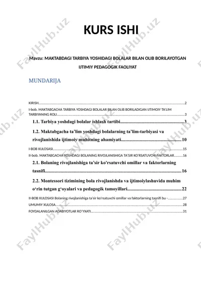 maktabdagi tarbiya yoshidagi bolalar bilan olib borilayotgan ijtimoiy pedagogik faoliyat — DOCX