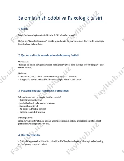 salomlashish odobi va psixologik mashg‘ulotlar — DOCX
