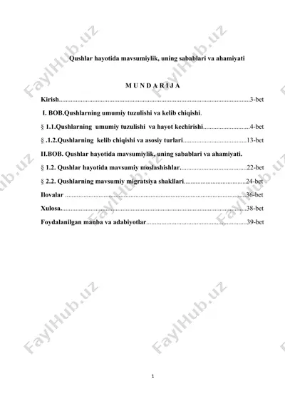 qushlar hayotida mavsumiylik, uning sabablari va ahamiyati — DOCX