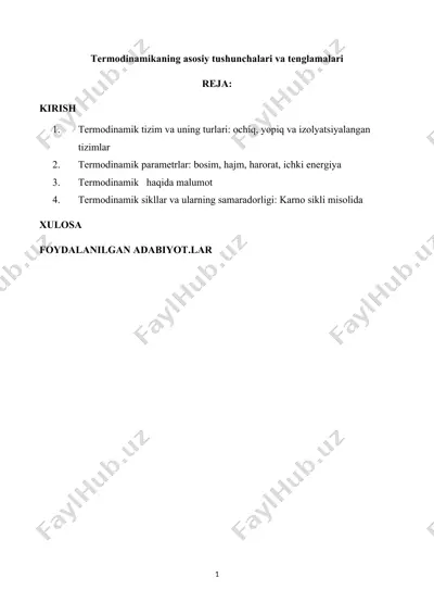 termodinamikaning asosiy tushunchalari va tenglamalari — DOCX