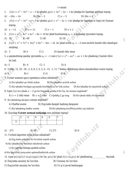 ko‘phadlar va polinomlar bo‘yicha variantlar to‘plami — PDF