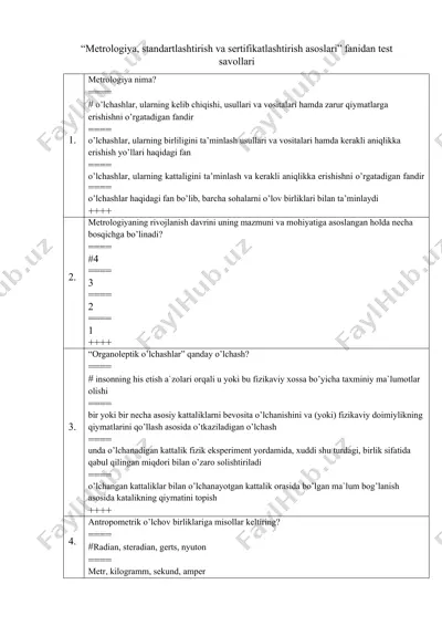 metrologiya, standartlashtirish va sertifikatlashtirish asoslari test savollari — DOCX