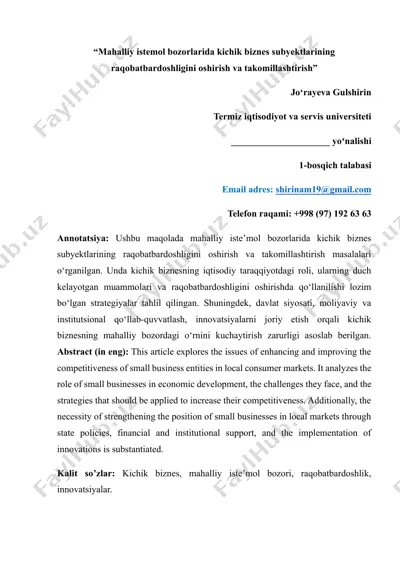 mahalliy istemol bozorlarida kichik biznes subyektlarining raqobatbardoshligini oshirish va takomillashtirish — DOCX