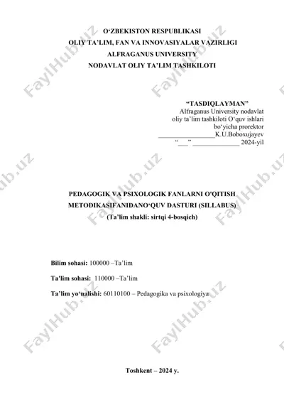 pedagogik va psixologik fanlarni o'qitish metodikasi fani darslik (sillabus) — DOCX