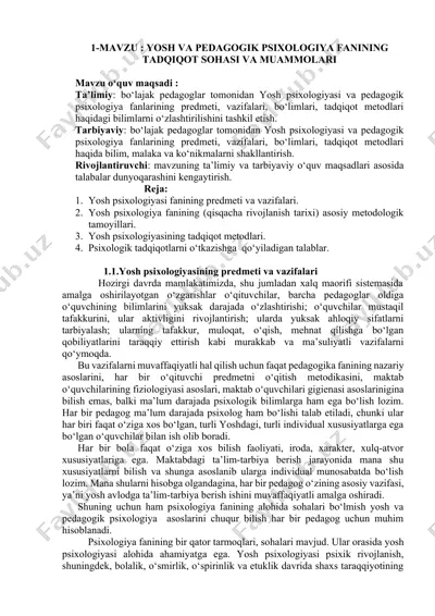 yosh va pedagogik psixologiya fanining tadqiqot sohasi va muammolari — DOCX