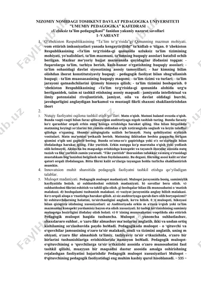 uzluksiz ta’lim pedagogikasi fanidan yakuniy nazorat savollari — DOCX