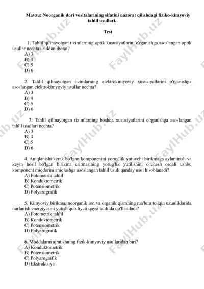 noorganik dori vositalarining sifatini nazorat qilishdagi fiziko-kimyoviy tahlil usullari. test 10 ta, javobli — DOC