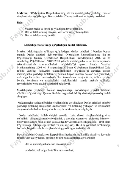 o‘zbekiston respublikasining ilk va maktabgacha yoshdagi bolalar rivojlanishiga qo‘yiladigan davlat talablari — DOCX