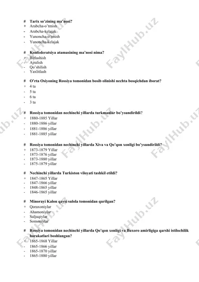 tarix savollari to‘plami — DOCX