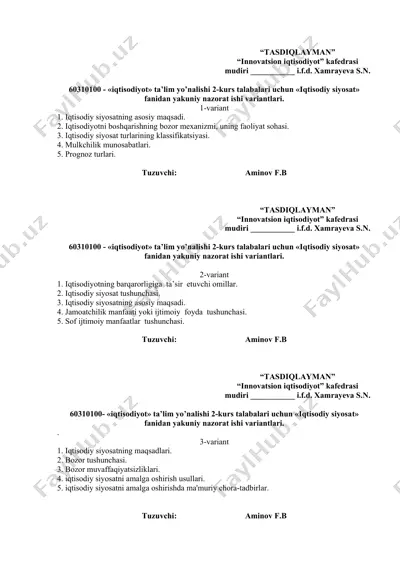 iqtisodiy siyosat fanidan yakuniy nazorat ishi variantlari — DOCX