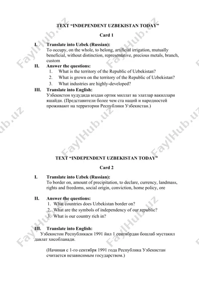 independent uzbekistan today taqdimotlari va speech practice “about myself” mashqlari — DOCX