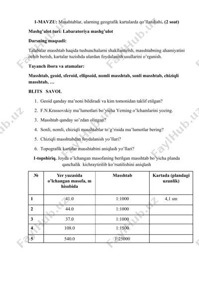 topografik kartalar va masshtablar bo‘yicha amaliy laboratoriya mashg‘uloti — DOCX