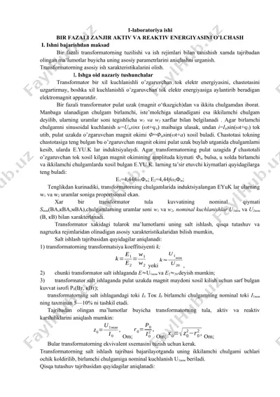 bir fazali zanjir aktiv va reaktiv energiyasini o‘lchash laboratoriya ishi — DOCX