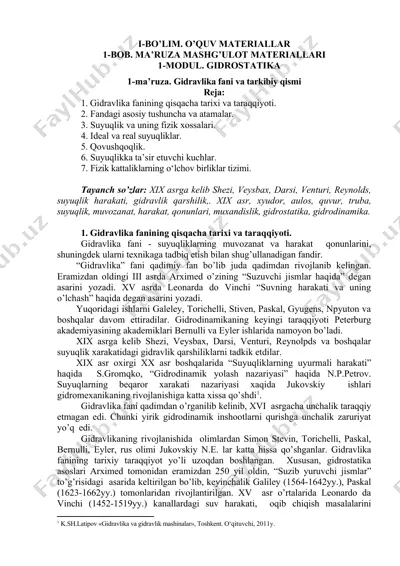 gidravlika faniga kirish: o‘quv ma’ruza materiallari — DOCX