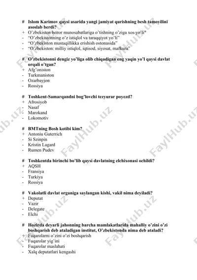 o’zbekiston tarixi va jamiyat falsafasi test savollari to‘plami — DOCX