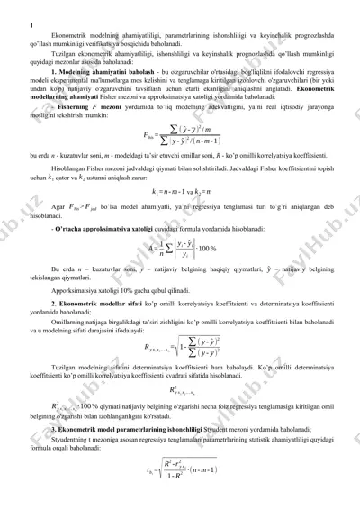 ekonometrik model tushunchalari va baholash mezonlari — DOCX