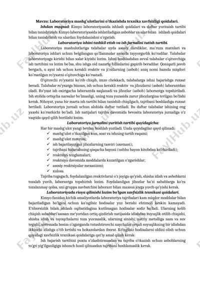 laboratoriya mashg’ulotlarini o’tkazishda texnika xavfsizligi qoidalari — DOCX