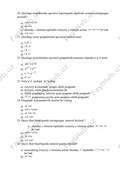 algebraik sistema va gruppa nazariyasi bo‘yicha savollar to‘plami — DOCX
