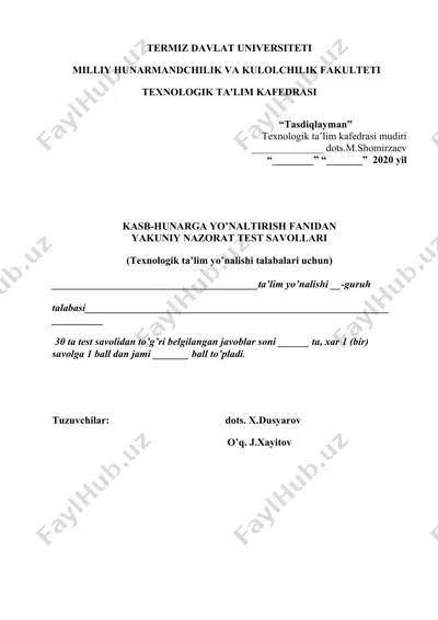 kasb-hunarga yo’naltirish fanidan yakuniy nazorat test savollari — DOCX