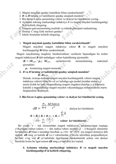 magnit maydoni. bio-savar-laplas qonuni va tangens-galvanometr — DOCX