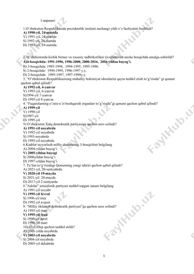 o‘zbekiston tarixi va siyosati bo‘yicha test savollari to‘plami — DOCX