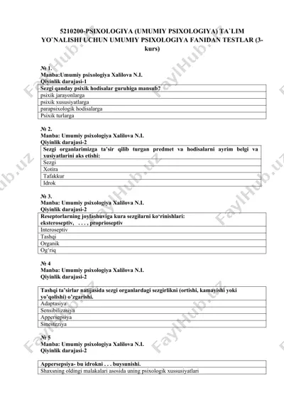 umumiy psixologiya fanidan testlar (3-kurs) — DOCX