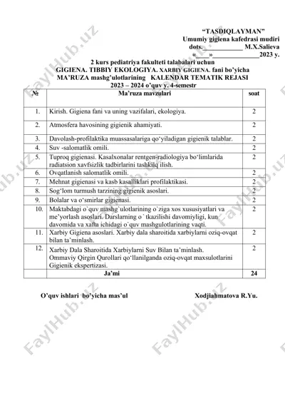 gigiena. tibbiy ekologiya. xarbiy gigiena. faniga oid kalendar tematik rejasi (2023–2024 o‘quv y., 4-semestr) — DOCX