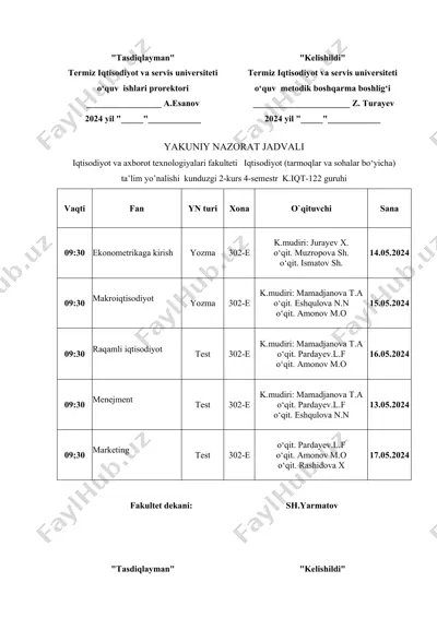 yakuniy nazorat jadvali — iqtisodiyot va axborot texnologiyalari fakulteti — DOCX