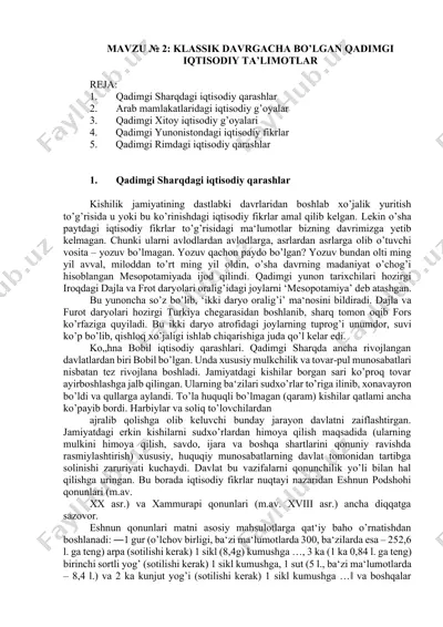 klassik davrgacha bo‘lgan qadimgi iqtisodiy ta'limotlar — DOCX