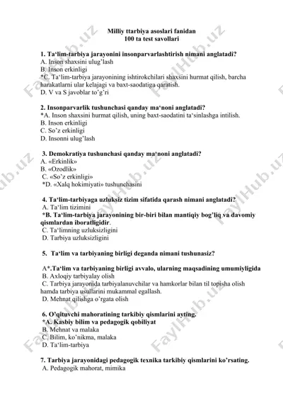 milliy tarbiya asoslari fanidan 100 ta test savollari — DOCX