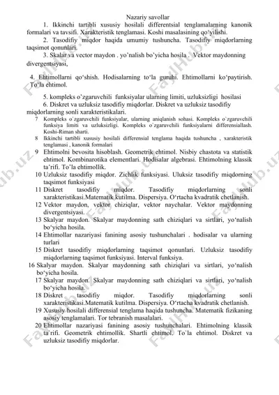 nazariy savollar va misollar to‘plami (differensial tenglamalar va ehtimollar nazariyasi) — DOCX