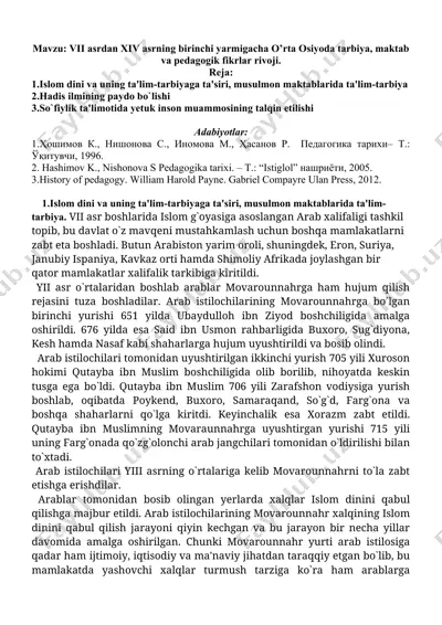 vii asrdan xiv asrning birinchi yarmigacha o’rta osiyoda tarbiya, maktab va pedagogik fikrlar rivoji — DOCX