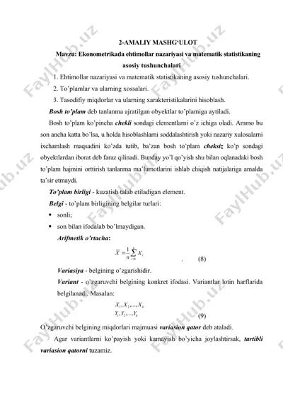 ekonometrikada ehtimollar nazariyasi va matematik statistikaning asosiy tushunchalari — DOCX