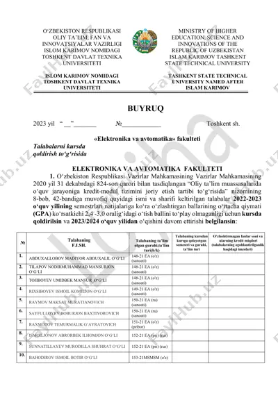 elektronika va avtomatika fakulteti talabalarini kursda qoldirish haqidagi buyruq — DOCX