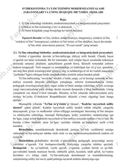 o‘zbekiston ta’lim tizimini modernizatsiyalash jarayonlari va huquqiy-me’yoriy asoslari — DOCX