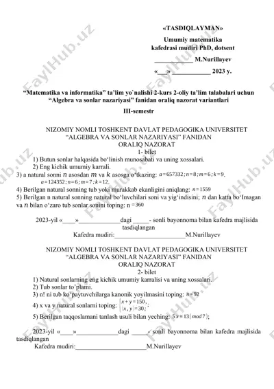 algebra va sonlar nazariyasi fanidan oraliq nazorat variantlari — DOCX