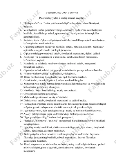 patofiziologiya fanidan 2-oraliq nazorat savollari to‘plami — DOCX