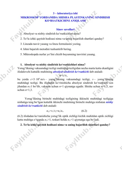 mikroskop yordamida shisha plastinkaning sindirish ko‘rsatkichini aniqlash — DOCX