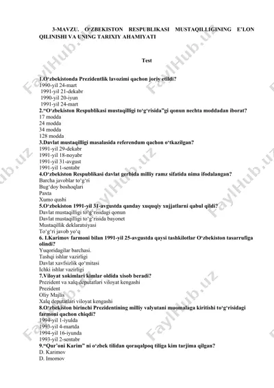 o‘zbekiston respublikasi mustaqilligi va tarixi bo‘yicha test savollari to‘plami — DOCX