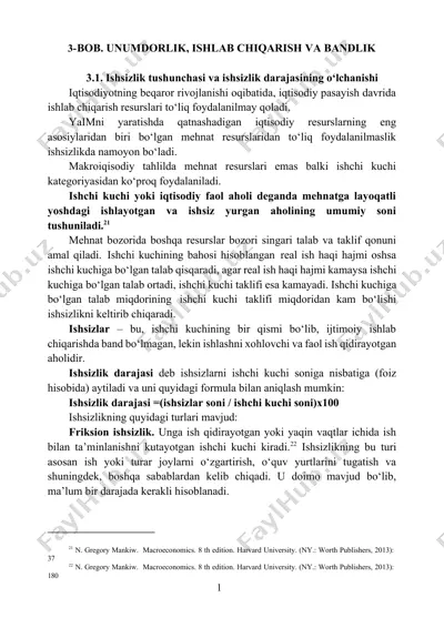 ishsizlik tushunchasi va iqtisodiyotdagi ta’siri — DOCX