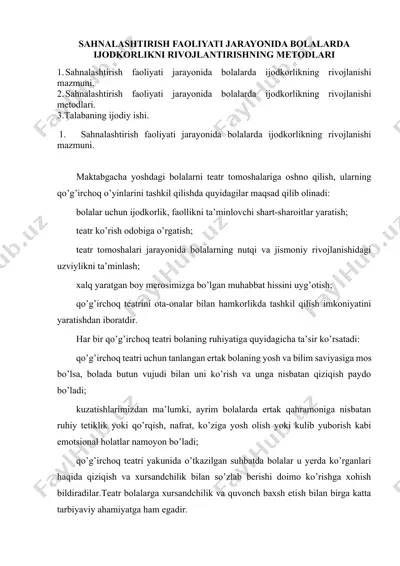 sahnalashtirish faoliyati jarayonida maktabgacha yoshdagi bolalar uchun qo‘g‘irchoq teatri va badiiy asarlar — DOCX