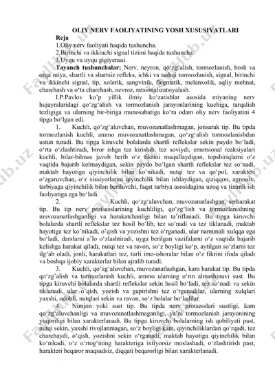 oliy nerv faoliyatining yosh xususiyatlari — DOCX