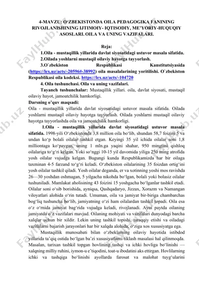 o‘zbekistonda oila pedagogika fanining rivojlanishi va uning ijtimoiy-iqtisodiy, me’yoriy-huquqiy asoslari — DOCX