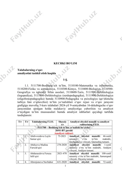 amaliyotning tashkiliy buyruği va talabalarning malakaviy amaliyotga tayyorlanishi — DOCX