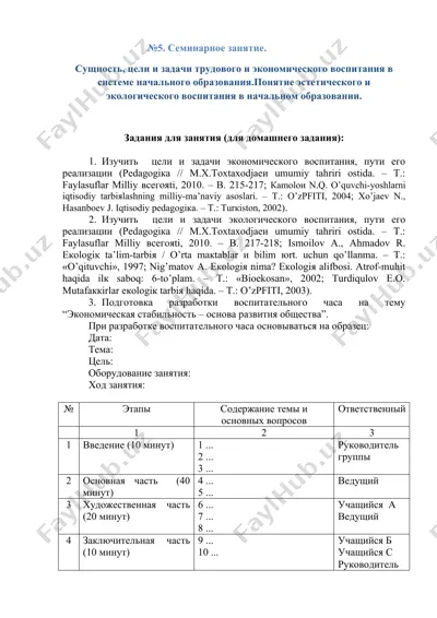 семинарное занятие по трудовому и экономическому воспитанию в начальном образовании — DOCX