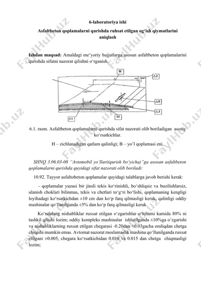 asfaltbeton qoplamalarni qurishda ruxsat etilgan og‘ish qiymatlari nazorati — DOCX